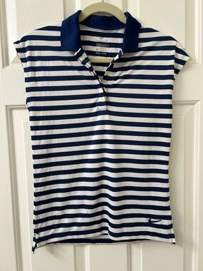 Nike Navy and White Striped Polo Top